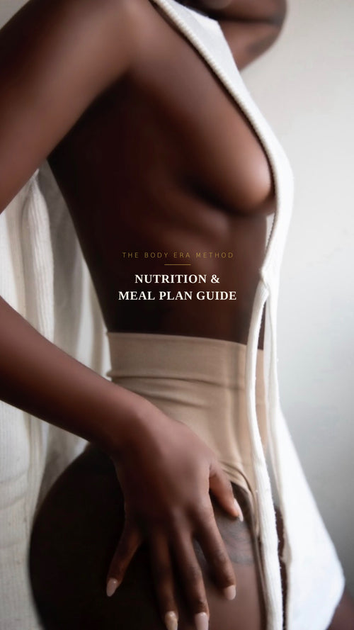 A close-up cover-style photo of a woman's torso wearing a white draped garment and beige underwear, with the text 'THE BODY ERA METHOD NUTRITION & MEAL PLAN GUIDE' centered on the image.